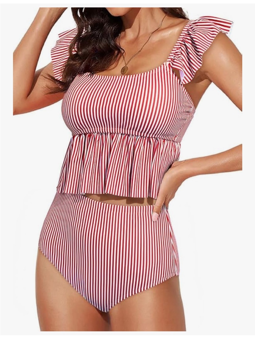 Red Striped Women's High-Waist Ruffle Tankini Swim Set - NEW!
